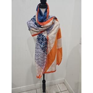 Coach New York XL Geometric Striped Scarf Wrap Sarong 68" X 31" Orange Blue Logo